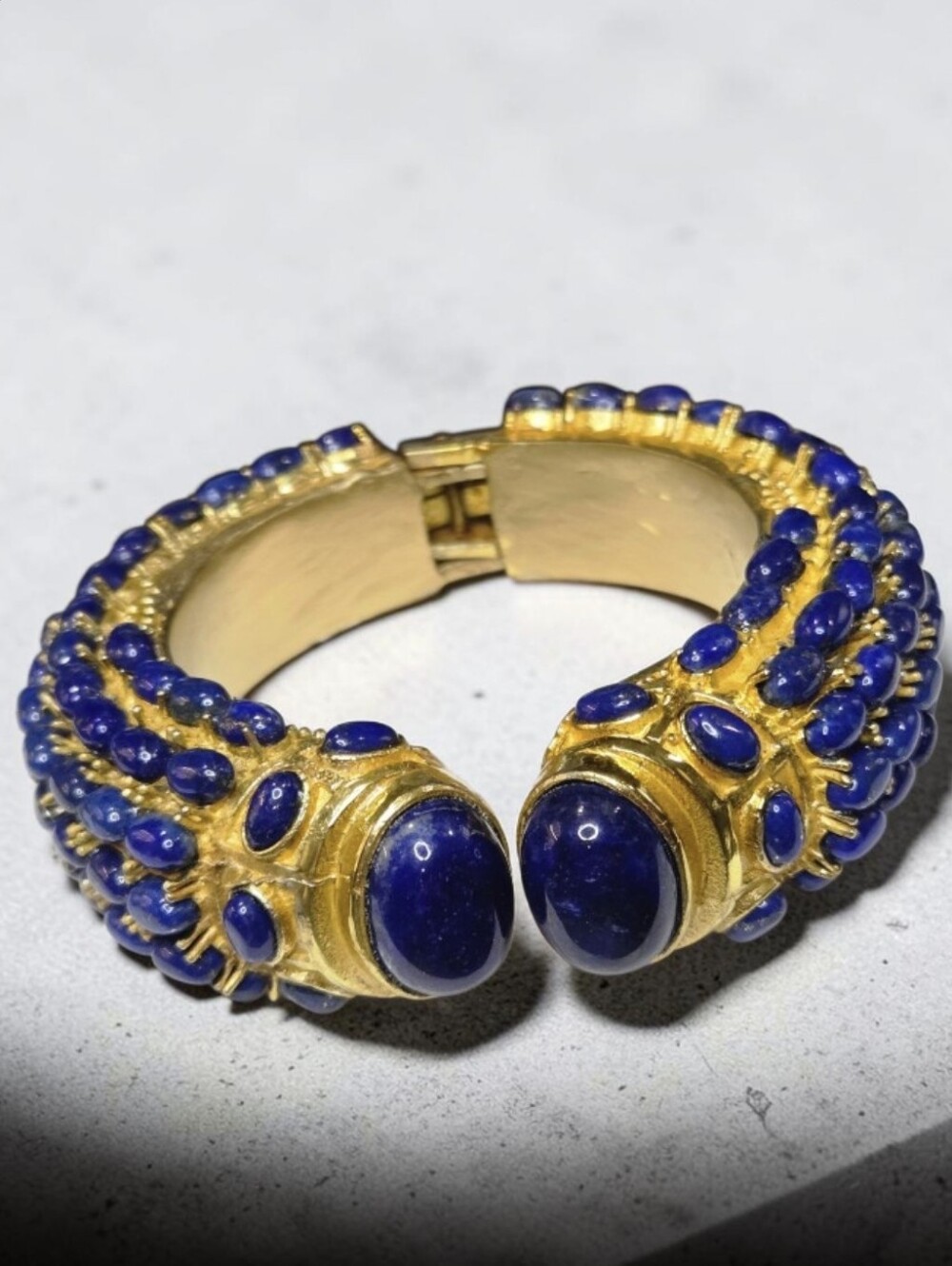 18k Gold Plated Artisan Genuine Lapis Lazuli Stone Bangle Cuff Clamper Bracelet